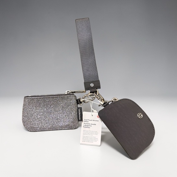 Lululemon Dual Pouch Wristlet Glitter edition Gray& Silver Key & Card Holder Set